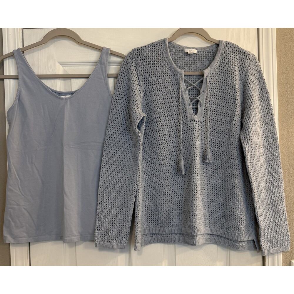 J Jill Tank Twin Set Sz S/M Blue Open‎ Weave Knit Top Tassels Coastal Preppy EUC